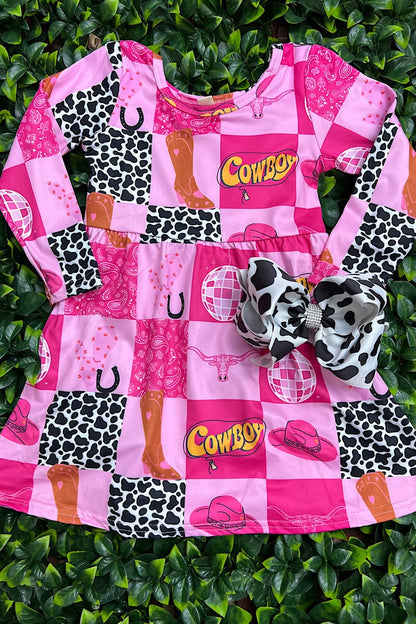 MULTI-PRINTED WESTERN PATCHES ON PINK DRESS