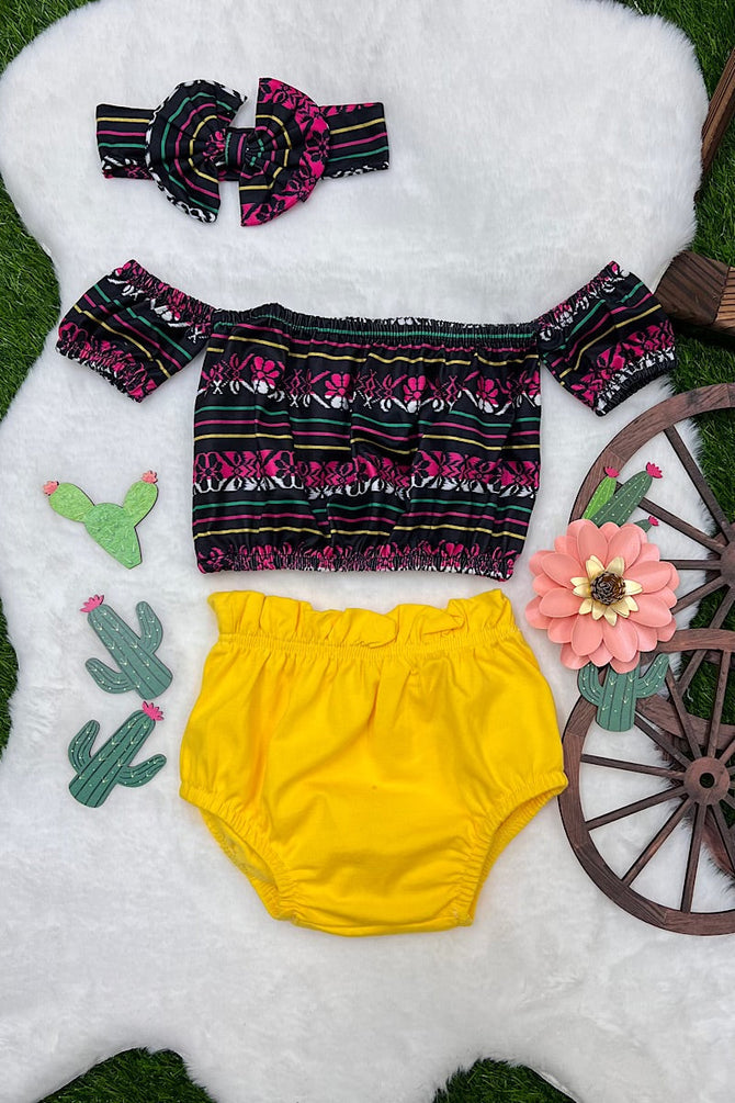 MULTI-PRINTED BABY CROP TOP W/ RUFFLE BABY BLOOMERS & MATCHING HEADBAND