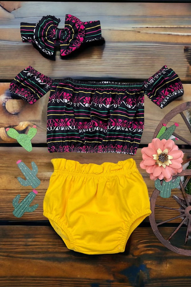 MULTI-PRINTED BABY CROP TOP W/ RUFFLE BABY BLOOMERS & MATCHING HEADBAND