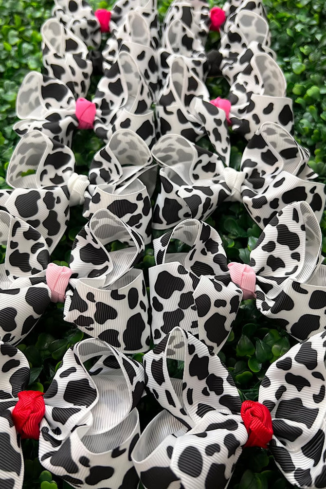 Black & White COW PRINTED HAIR BOWS 4" WITH MULTI COLOR CENTERED