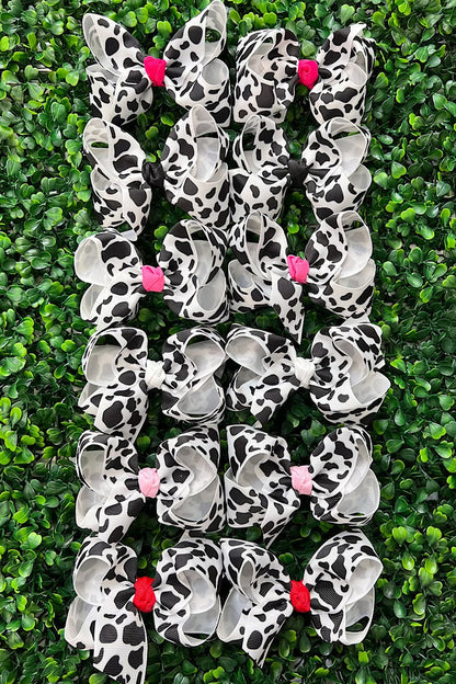 Black & White COW PRINTED HAIR BOWS 4" WITH MULTI COLOR CENTERED