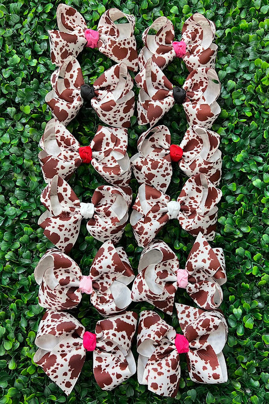 COW PRINTED HAIR BOWS 4" WITH MULTI COLOR CENTERED