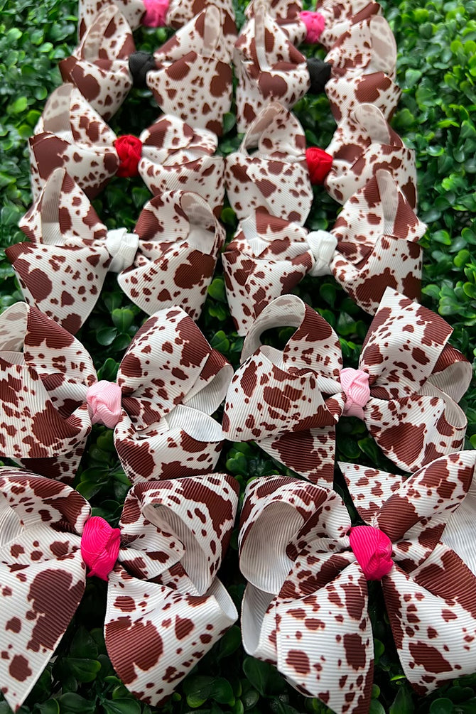 COW PRINTED HAIR BOWS 4" WITH MULTI COLOR CENTERED