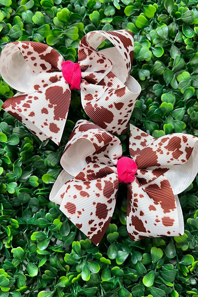 COW PRINTED HAIR BOWS 4" WITH MULTI COLOR CENTERED