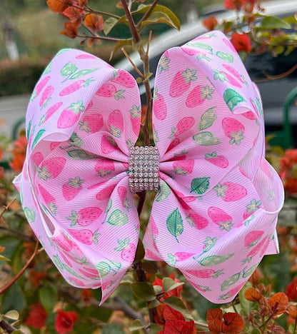 6.5" STRAWBERRY PRINTED DOUBLE LAYER HAIR BOWS. 4PCS