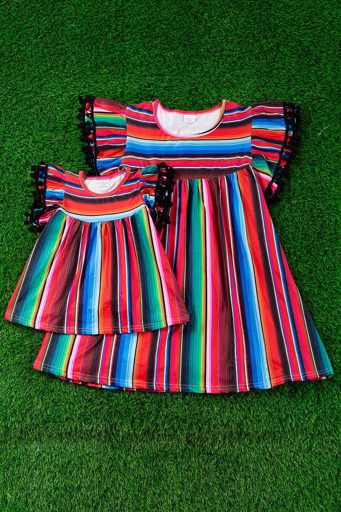 SERAPE PRINTED GIRLS TUNIC W/ TURQUOISE POM POMS