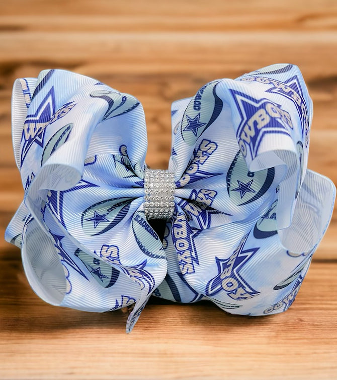 FOOTBALL PRINTED CHARACTER DOUBLE LAYER HAIR BOWS W/ RHINESTONES. 4PCS