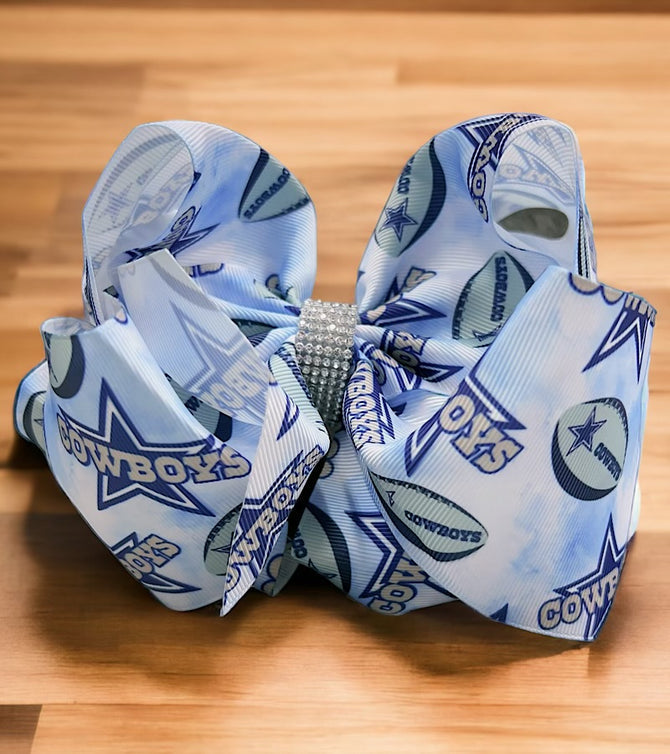 FOOTBALL PRINTED CHARACTER DOUBLE LAYER HAIR BOWS W/ RHINESTONES. 4PCS