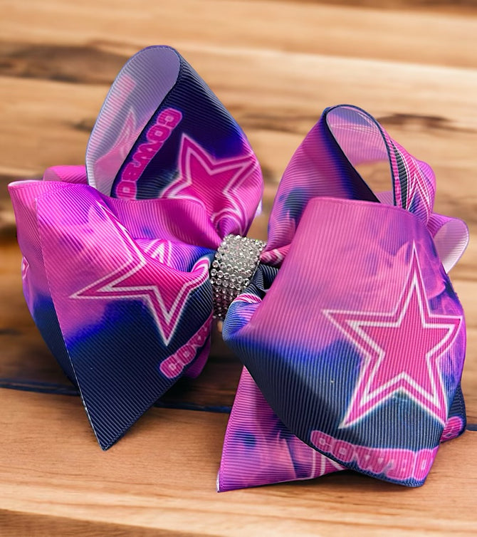 FOOTBALL PRINTED CHARACTER DOUBLE LAYER HAIR BOWS W/ RHINESTONES. 4PCS