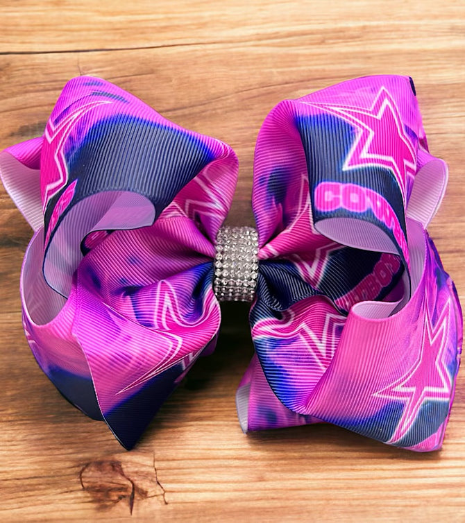 FOOTBALL PRINTED CHARACTER DOUBLE LAYER HAIR BOWS W/ RHINESTONES. 4PCS