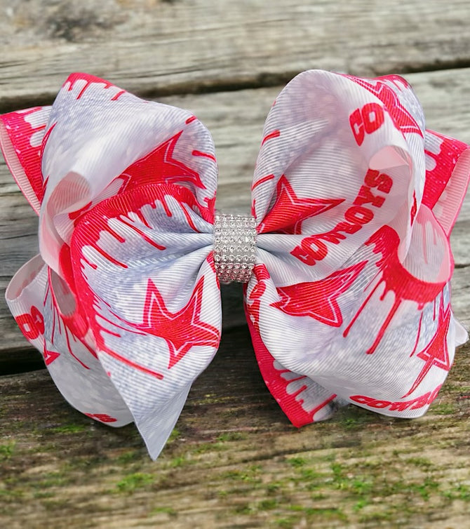 FOOTBALL PRINTED CHARACTER DOUBLE LAYER HAIR BOWS W/ RHINESTONES. 4PCS