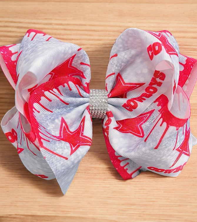 FOOTBALL PRINTED CHARACTER DOUBLE LAYER HAIR BOWS W/ RHINESTONES. 4PCS