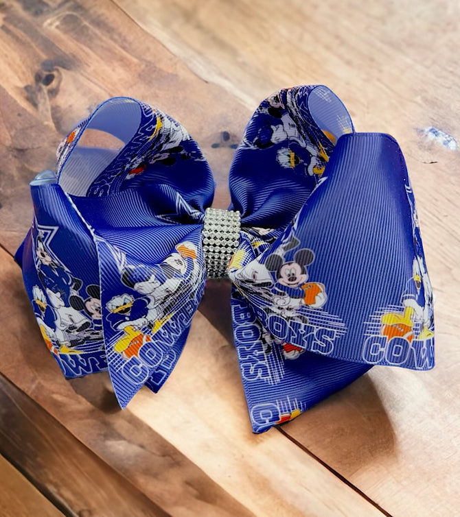 FOOTBALL PRINTED CHARACTER DOUBLE LAYER HAIR BOWS W/ RHINESTONES. 4PCS