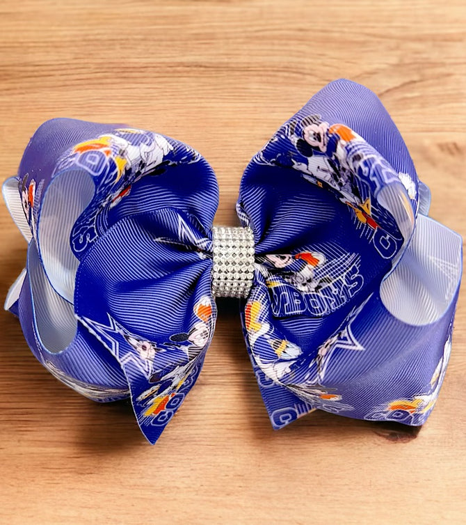 FOOTBALL PRINTED CHARACTER DOUBLE LAYER HAIR BOWS W/ RHINESTONES. 4PCS