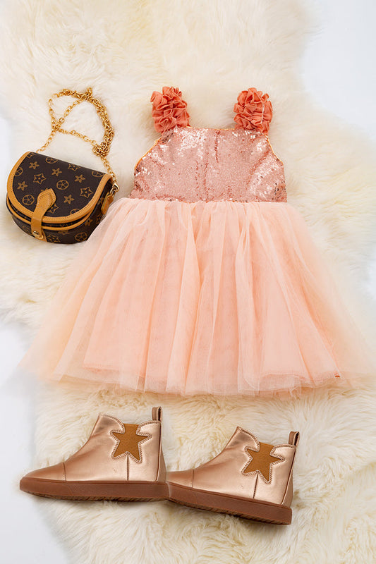 LT. CORAL TULLE DRESS WITH SEQUINS