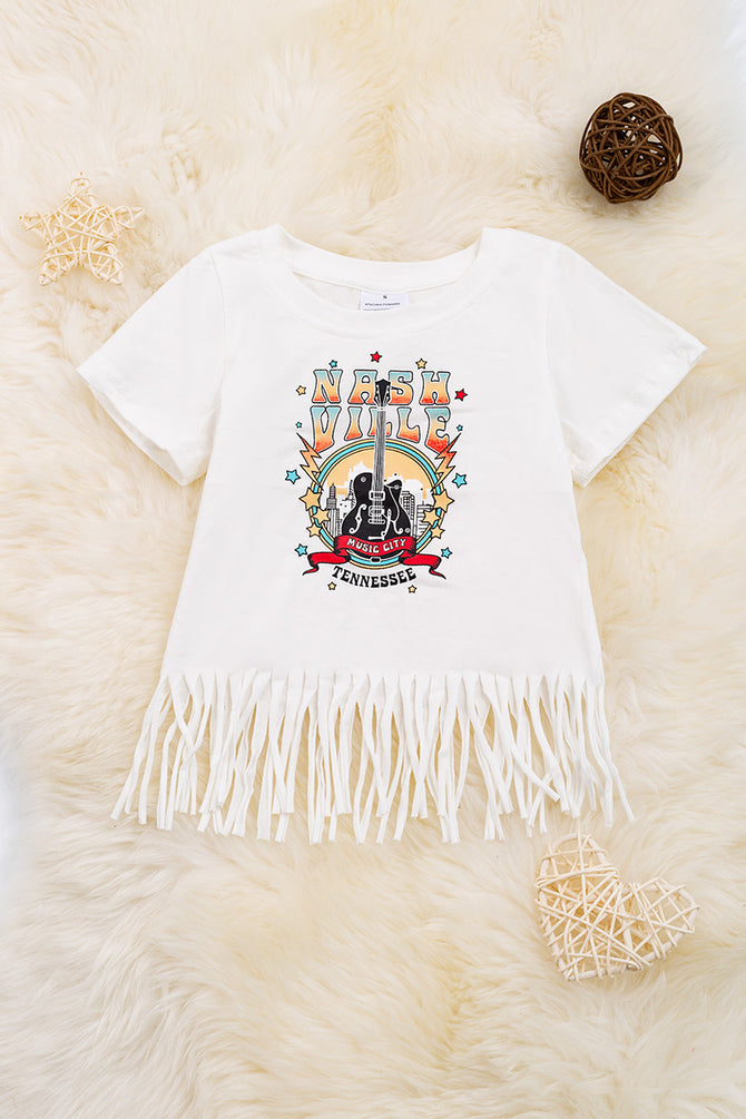 NASHVILLE LIVE MUSIC" IVORY GRAPHIC TEE WITH FRINGE