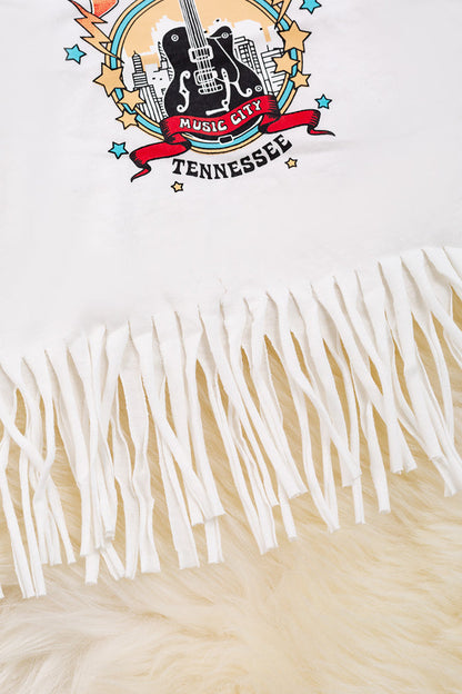 NASHVILLE LIVE MUSIC" IVORY GRAPHIC TEE WITH FRINGE