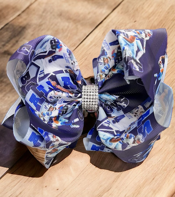 COWBOYS PRINTED DOUBLE LAYER HAIR BOWS W/ RHINESTONES. 4PCS