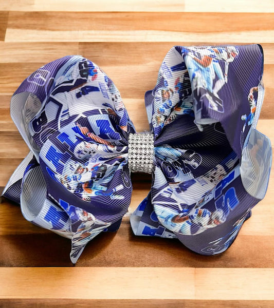 COWBOYS PRINTED DOUBLE LAYER HAIR BOWS W/ RHINESTONES. 4PCS