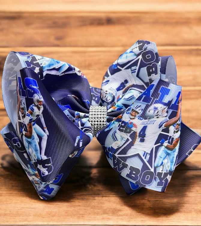 COWBOYS PRINTED DOUBLE LAYER HAIR BOWS W/ RHINESTONES. 4PCS