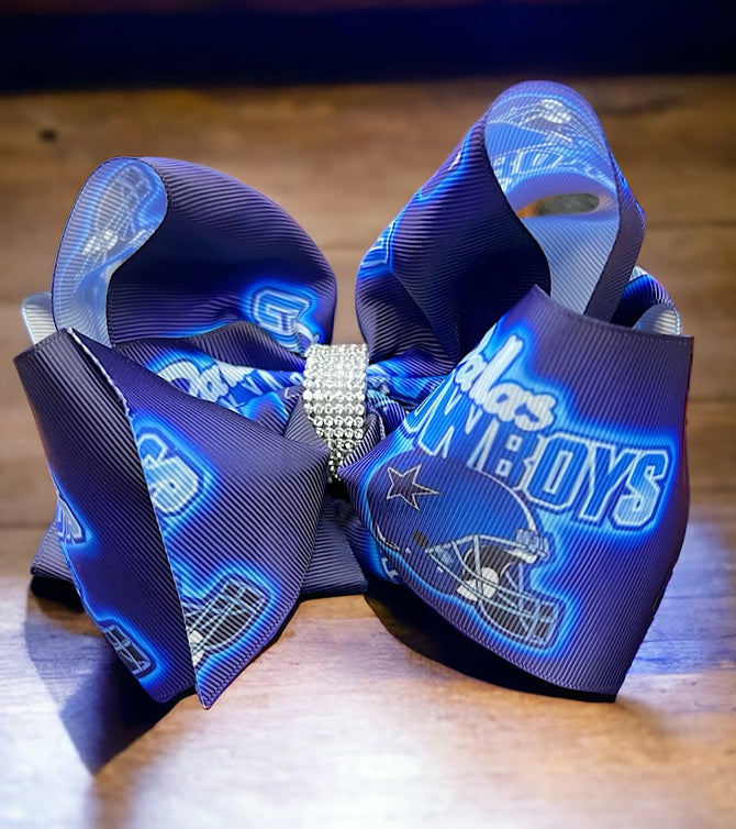 DALLASCOWBOYS PRINTED DOUBLE LAYER HAIR BOWS W/ RHINESTONES. 4PCS