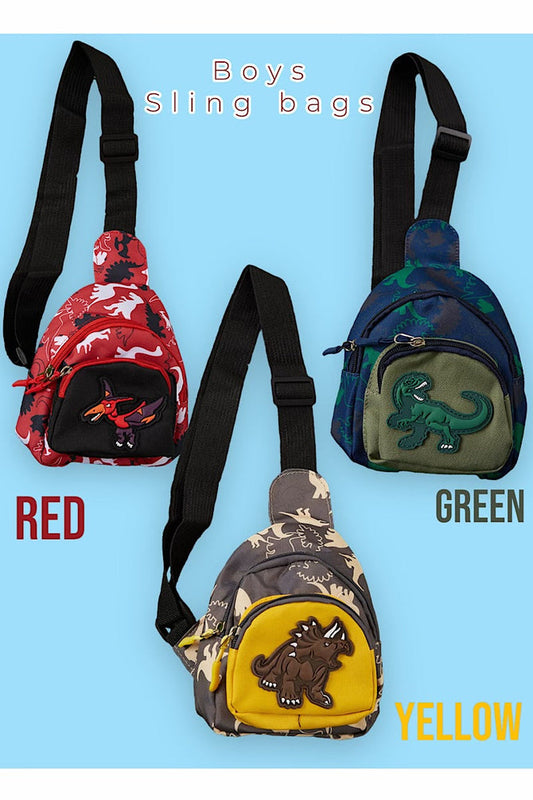 MINI BOYS SLING BAGS WITH DINOUSAUR APPLIQUE.