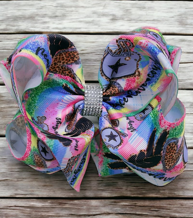 COWBOYS PRINTED DOUBLE LAYER HAIR BOWS W/ RHINESTONES. 4PCS
