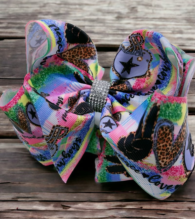 COWBOYS PRINTED DOUBLE LAYER HAIR BOWS W/ RHINESTONES. 4PCS