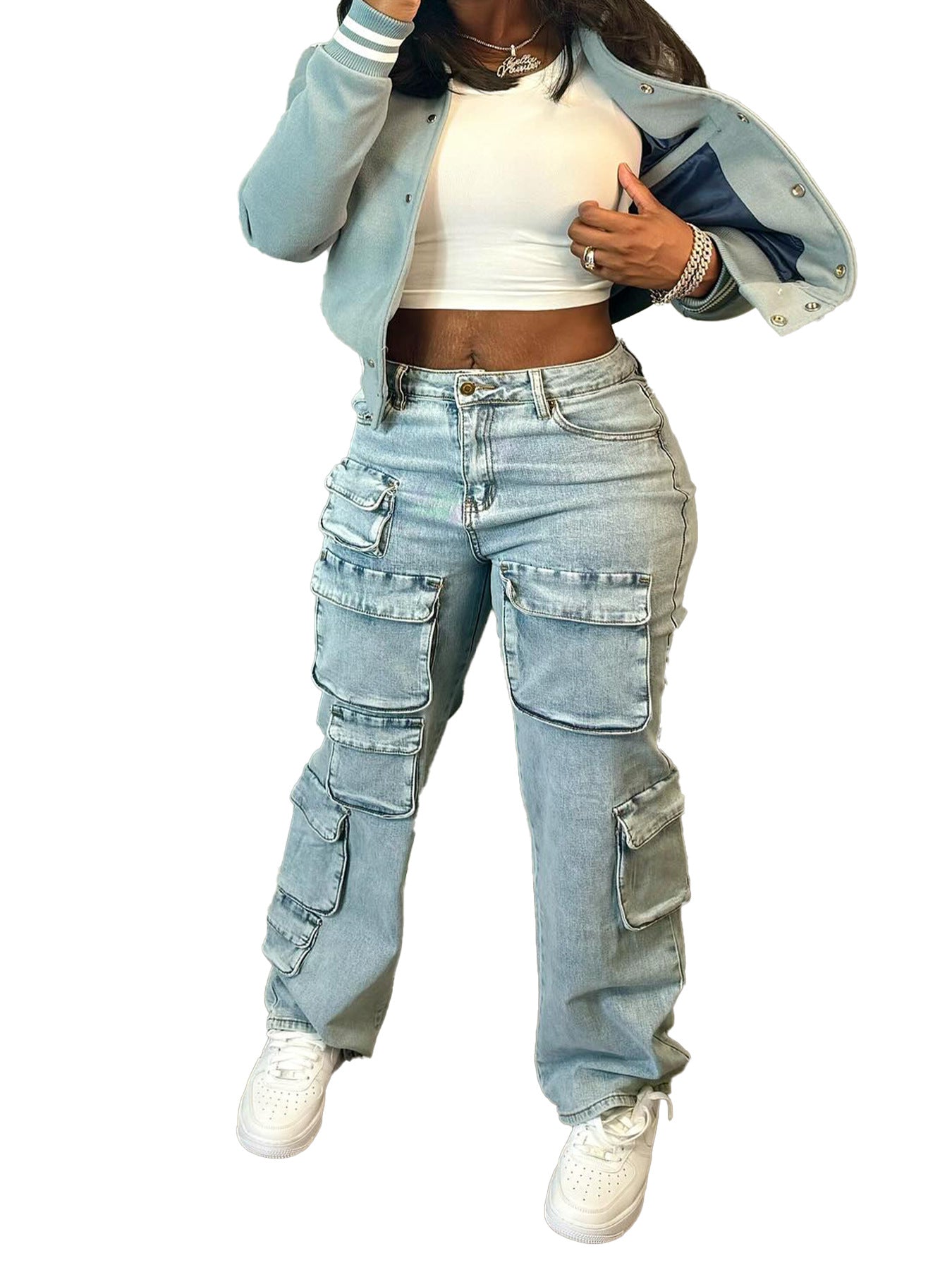 Women's Stretch Multi-Pocket Cargo Denim Pants