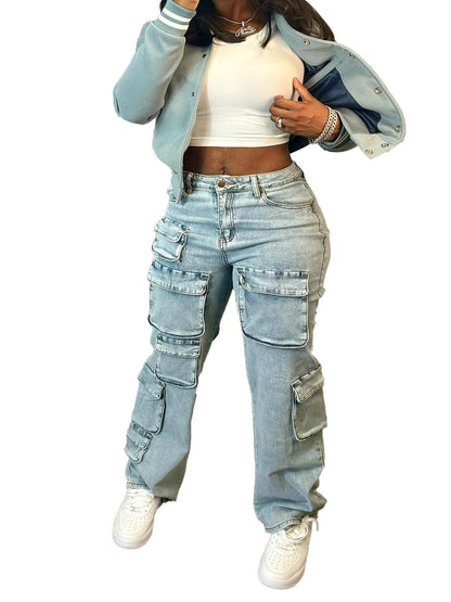 Women's Stretch Multi-Pocket Cargo Denim Pants