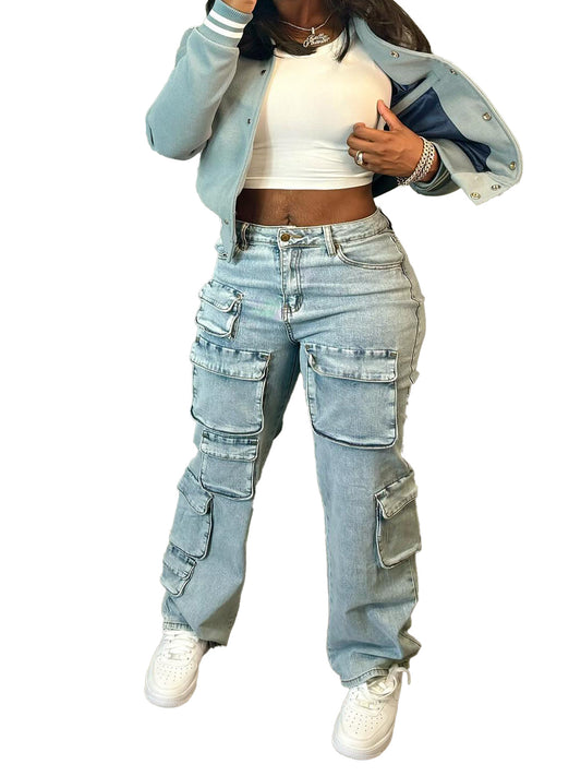 Women's Stretch Multi-Pocket Cargo Denim Pants