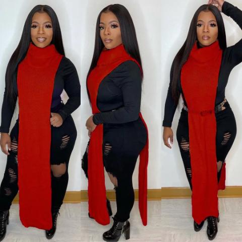 Turtleneck Side Slit Long Sweater Top
