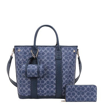 3-IN-1 Expandable Oval Print Tote / W Small Satchel Wallet Set