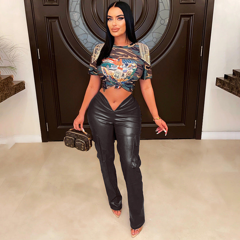 Women's Tight Fitting Low Rise Straight Leather Pants