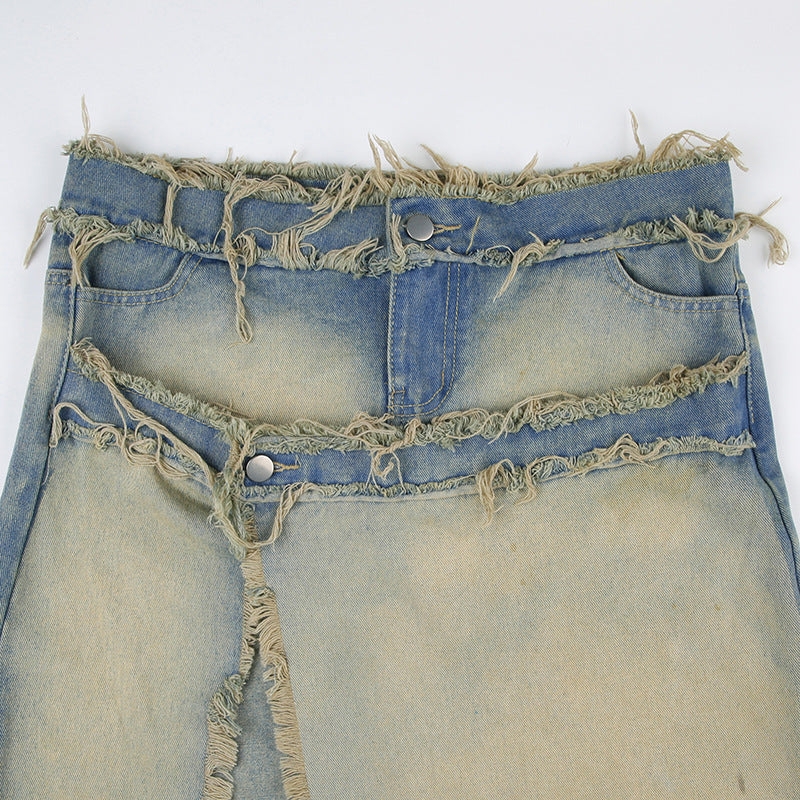 Distressed Tight Fitting Denim High Skirt