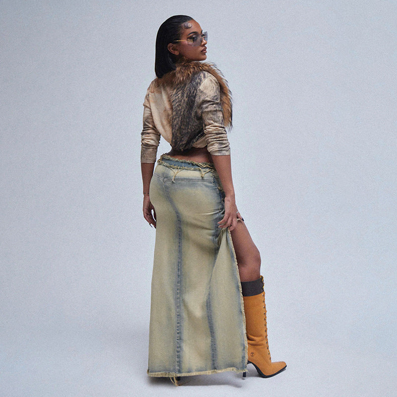Distressed Tight Fitting Denim High Skirt