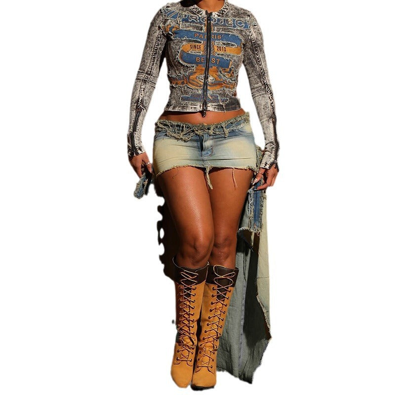 Distressed Tight Fitting Denim High Skirt