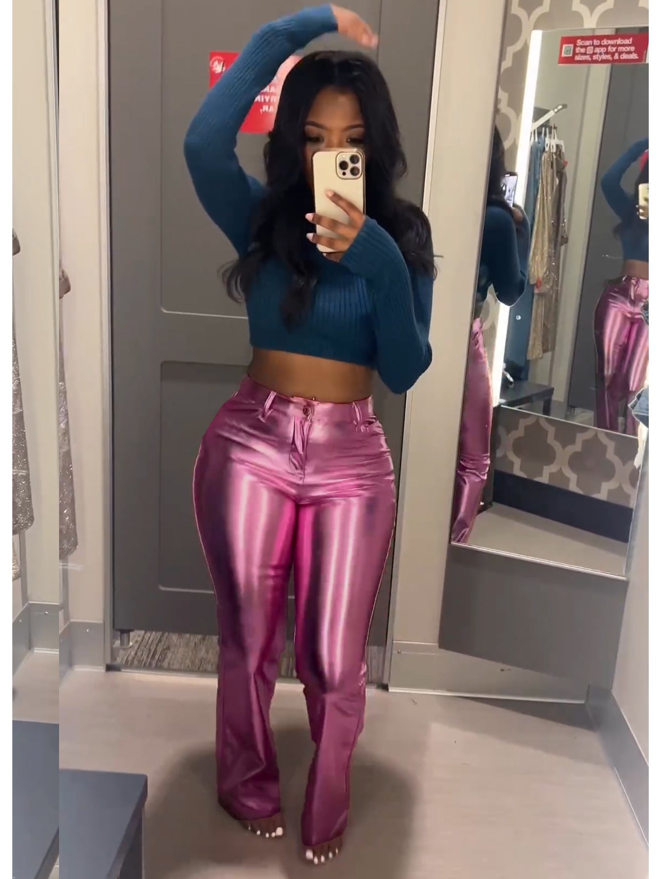 Metallic Bell Bottom Leather Pants