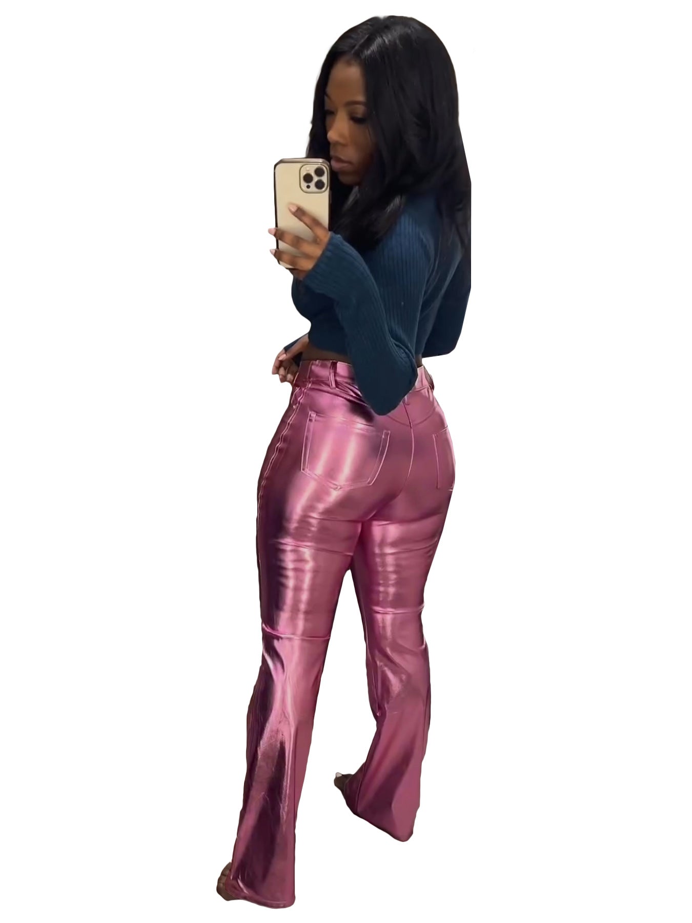 Metallic Bell Bottom Leather Pants