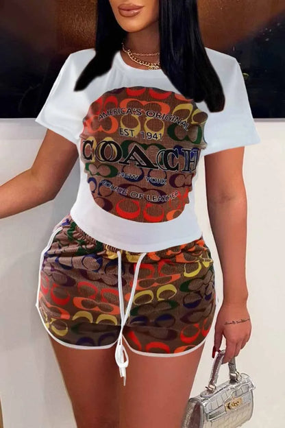 Multicolor Casual Print Short Sleeve Two Pieces