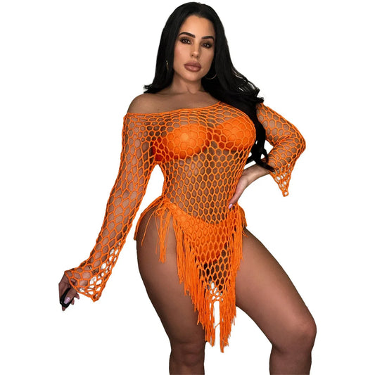 Crochet Fringe Net See-Through Beach Dress
