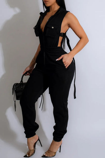 Casual Solid Zipper Collar Jumpsuits