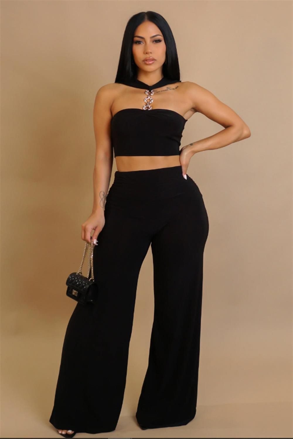 Halter Neck Crop Tank And Wide Leg Pants Set