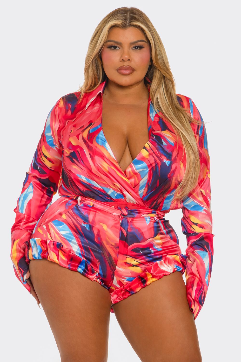Tropical Print Long Sleeve Bodysuit W/ Matching Shorts