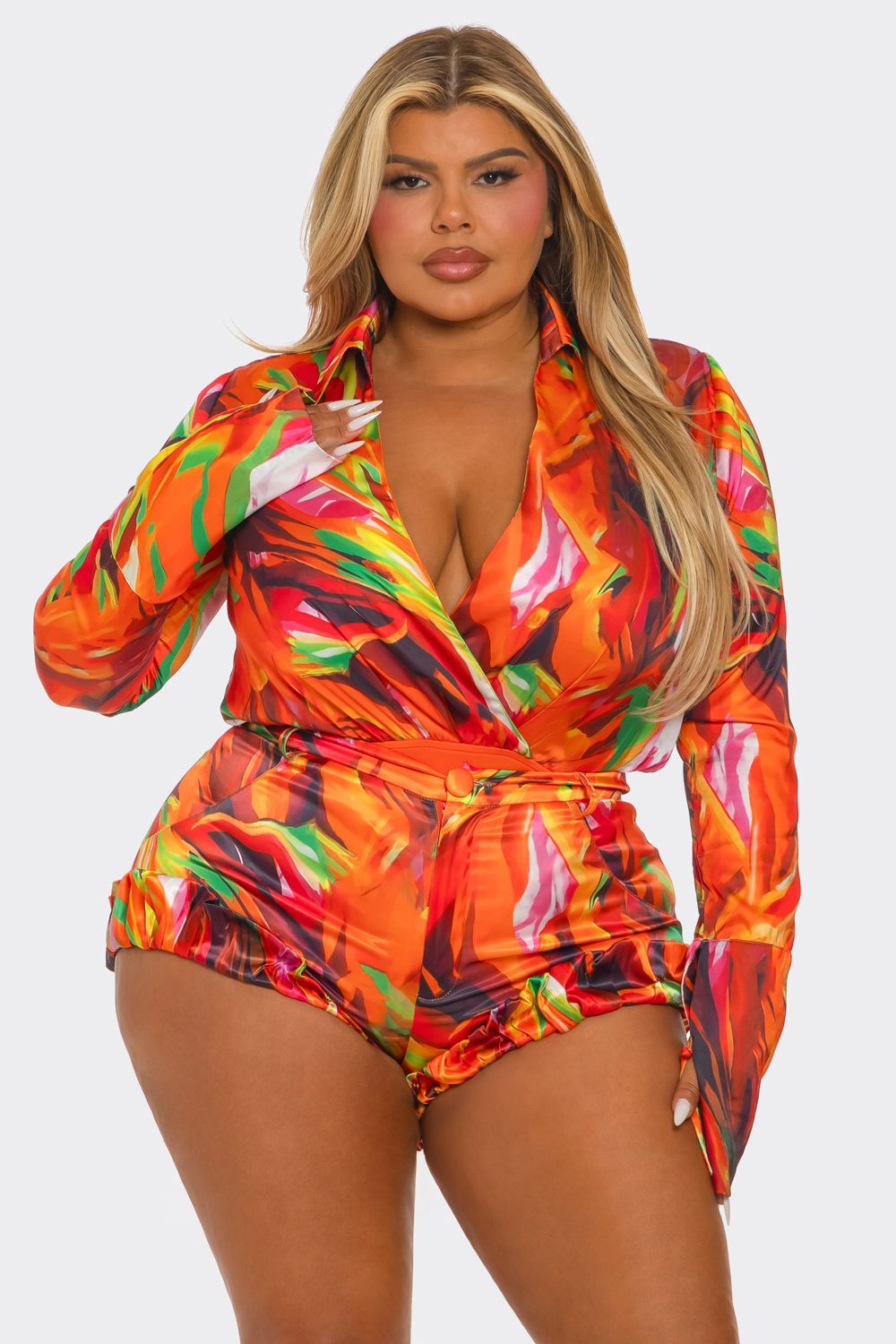 Tropical Print Long Sleeve Bodysuit W/ Matching Shorts