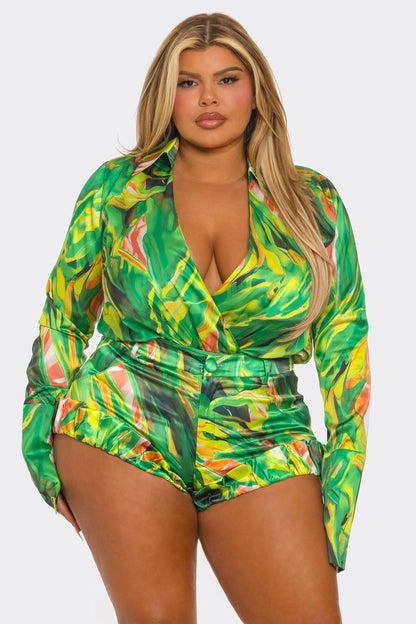 Tropical Print Long Sleeve Bodysuit W/ Matching Shorts