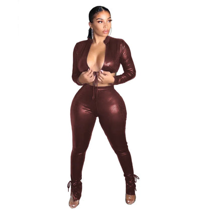 Leather Long Sleeve Front Crop Top & Pants Set