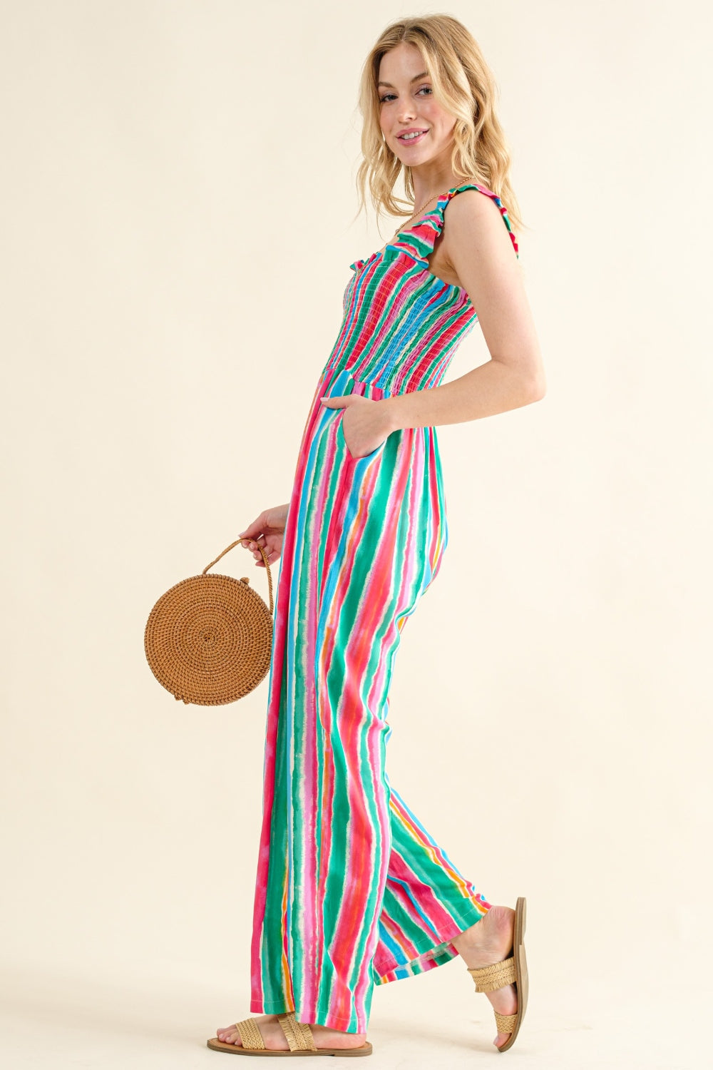 The  Striped Smocked Sleeveless Jumpsuit