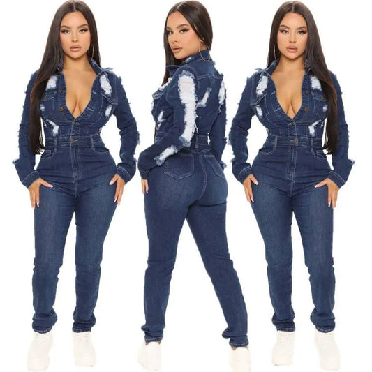 Long Sleeve Button Rapped Denim Jumpsuits