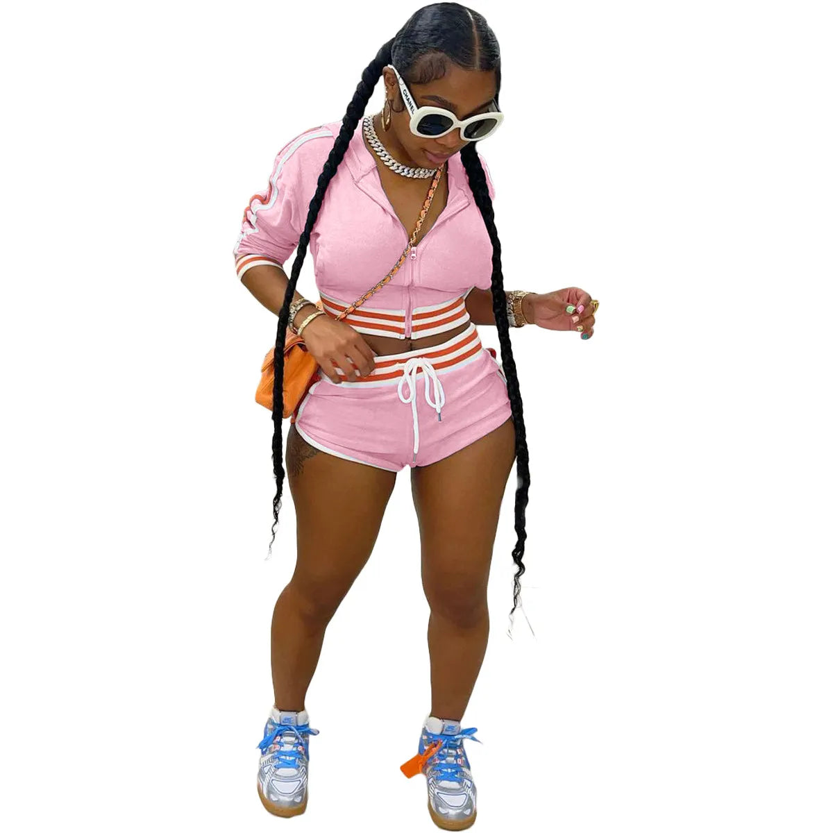 Stripe Hooded Long Top + Sexy Shorts Tracksuit